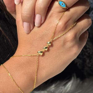 Dainty Heart Hand Chain Bracelet: 14k Gold-Plated Sterling Silver Finger Bracelet, Ring Bracelet, Layering Bracelet, Hand Jewelry