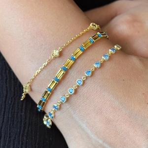 Aquamarine Bracelet, Tiny Heart Bracelet, Delicate, Dainty Bracelet, Tennis Bracelet, Layering Bracelet, Natural Stone Bracelet,Gift for Her