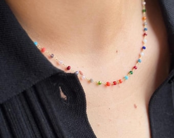 Colorful Natural Stone Beaded Necklace, 18k Gold Plated Handmade Jewelry, Layering Necklace