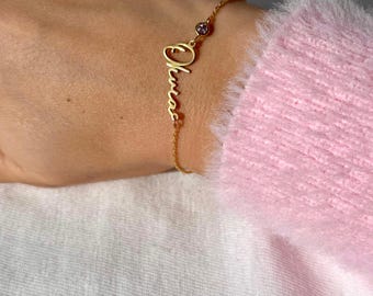 Pulsera personalizada con nombre y piedra natal, joyería personalizada, delicada pulsera apilable, regalo para ella