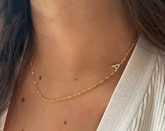 Sideways Initial Necklace, 925 Sterling Silver Custom Letter Pendant, Personalized Jewelry