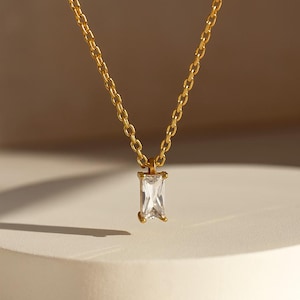 Personalized Baguette Birthstone Necklace: Sterling Silver, Gold or Rose Gold, Gemstone Pendant, Custom Jewelry