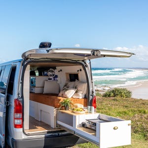 Side Sliding Bed Frame for Campervan Including Kitchen Drawer