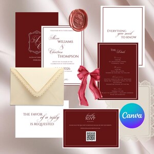Könnte beinhalten: Ein Hochzeitspapeterie-Set mit tiefroten und cremefarbenen Karten in eleganter Serifenschrift. Enthält eine Einladung, eine RSVP-Karte mit QR-Code, eine Detailkarte und einen cremefarbenen Umschlag mit Spitzenbesatz, verziert mit Wachssiegel und Schleife.