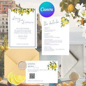 Könnte beinhalten: Ein Hochzeitseinladungs-Set mit einer weißen Karte mit Zitronen-Aquarellrand, dem Text Lucy and Lorenzo, einer Detailkarte und einer Antwortkarte mit QR-Code. Enthält einen hellgelben Umschlag und ein beiges Wachssiegel mit Blumenmuster.