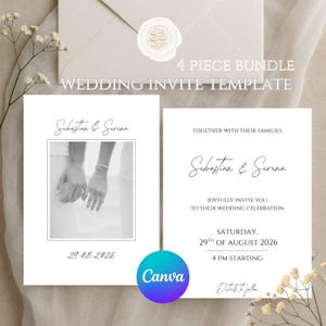 Puede incluir: Un conjunto de 4 piezas de plantillas para invitaciones de boda con dos tarjetas blancas y texto negro. Una tarjeta muestra una foto en blanco y negro de dos personas tomadas de la mano con los nombres Sebastian & Serina y la fecha 29.08.2026. La otra tarjeta incluye detalles.