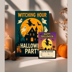 Może przedstawiać: Grafika o tematyce Halloween z ciemnozielonym plakatem z napisem "Witching Hour Halloween Party" i mniejszym fioletowym zaproszeniem z napisem "Happy Halloween". Grafika zawiera duchy, wiedźmę i nawiedzony dom.