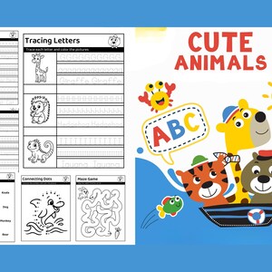 以下が含まれることがあります： 「CUTE ANIMALS」というタイトルの、4～6歳向けの子供向けアクティビティブック。文字のトレース、マッチングゲーム、迷路が含まれています。表紙には、ボートに乗った漫画の動物たちが描かれています。