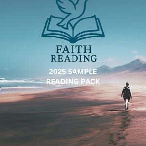 Puede incluir: Imagen promocional para un "Faith Reading 2025 Sample Reading Pack". La imagen presenta una paloma sobre un libro abierto, con una persona caminando por una playa hacia montañas. El cielo es azul y la arena marrón.