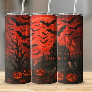 Halloween Tumbler, Spooky Tumbler, 20 Oz Skinny Tumbler, Haunted House Tumbler, Bats Tumbler, Ghosts Tumbler, Pumpkins Tumbler