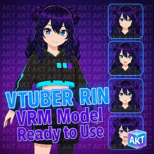 May include: Digital illustration of a VTuber Rin VRM model, ready to use. The character has dark purple hair, blue eyes, and wears a black hoodie with teal and purple accents. Additional facial expressions are shown.