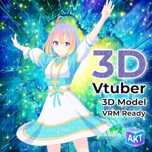 May include: An illustration of an anime-style character with colorful hair and a light blue and white outfit. The image includes the text "3D Vtuber 3D Model VRM Ready" and the logo "AKT". The background has a fractured glass effect.