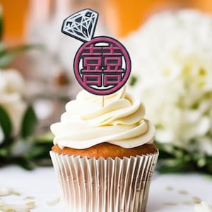 Double Happiness, Double-Sided, Chinese Engagement Glitter Cupcake Toppers