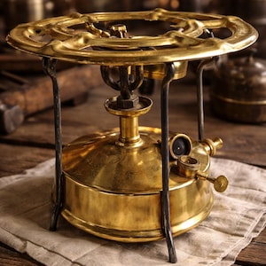 Brass gas stove 20 year-old with engraved brass pot. Traditional Russian handmade design, perfect for coffee or tea lovers. Russia Style