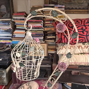 Vintage White Wrought Iron Bird Cage: Floral Decor, Boho Home Accent