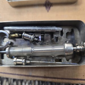 Antique Glass & Metal Syringe Set: Mid-Century Medical Collectible