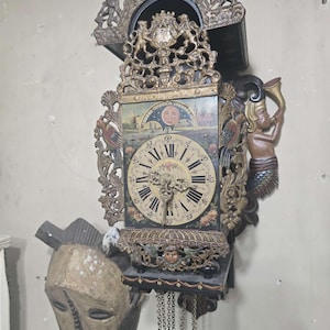 Antique Baroque Wall Clock: Hand-Painted Face, Brass Weights