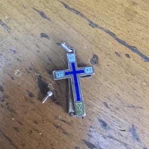 Antique Sterling Silver Reliquary Cross Pendant: Blue Enamel Keepsake Locket
