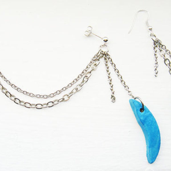 Ear Cuff with Chains Pair Silver Feather Blue Ear Wrap Earcuff Stud Cartilage Clay Charms