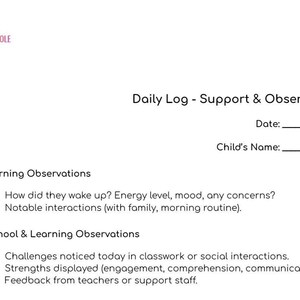 May include: A white A4 paper titled "Daily Log - Support & Observations" with sections for morning and school observations. Includes prompts for recording energy levels, interactions, challenges, and strengths. The top left corner has the text "Bloom, Backbone, Strength in Every Role, Mum, Leader, Advocate."