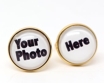May include: A pair of gold cufflinks with a white background. One cufflink says "Your Photo" and the other says "Here".