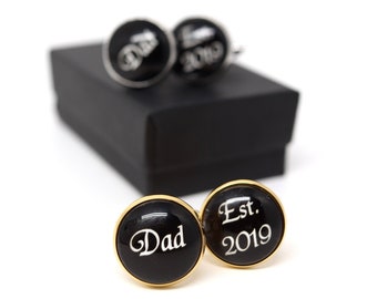 Personalized First Fathers Day Gift from Daughter, Dad Est. Cufflinks, Custom Father Cuff Links Gold for Men, Black Stainless Steel ONE SET