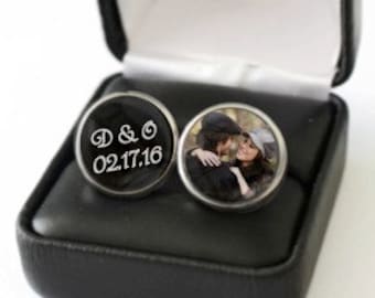 Initials Date and Photo Wedding Cufflinks Personalized Anniversary Gift Idea For Him Men Accessory High Quality Stainless Steel Cuff Links