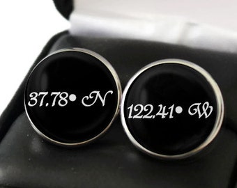 Custom Coordinates Cufflinks Longitude and Latitude, Long Distance Boyfriend Gift for Men, Cufflinks Personalized Black with White Text