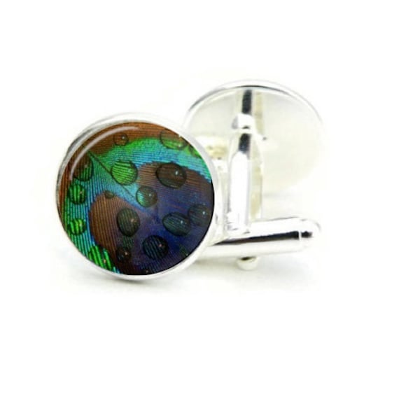 Peacock Eye Cuff Links Water Droplets on Peacock Eyespots From Feather Modern Cuff Links Blue and Green Men Accessory Animal Cuffs Handmade