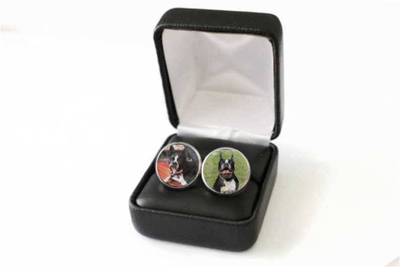 May include: A pair of round cufflinks featuring images of Boston Terriers, presented in a black gift box with a white interior. The cufflinks have a silver border and showcase the dogs in a natural setting.