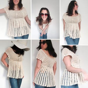 May include: Cream-colored crochet top with short sleeves and a scoop neckline. The top has a loose, flowing fit and a textured, open weave design. The garment is paired with blue jeans. The top is shown from multiple angles.