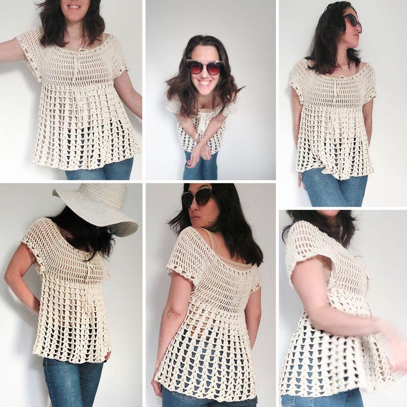 May include: Cream-colored crochet top with short sleeves and a scoop neckline. The top has a loose, flowing fit and a textured, open weave design. The garment is paired with blue jeans. The top is shown from multiple angles.