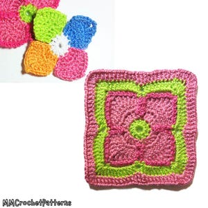 Puede incluir: Un motivo de ganchillo cuadrado con un círculo central verde lima rodeado por cuatro pétalos rosa oscuro, enmarcado por un borde verde lima y un borde exterior rosa oscuro. Un motivo floral separado con pétalos rosa, verde, naranja y azul.