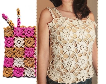 Granny Square Crochet top Pattern (70-page PDF) • XS–5XL • English/Spanish • Beginner Friendly • Crop tank top • Shirt • Boho Blouse