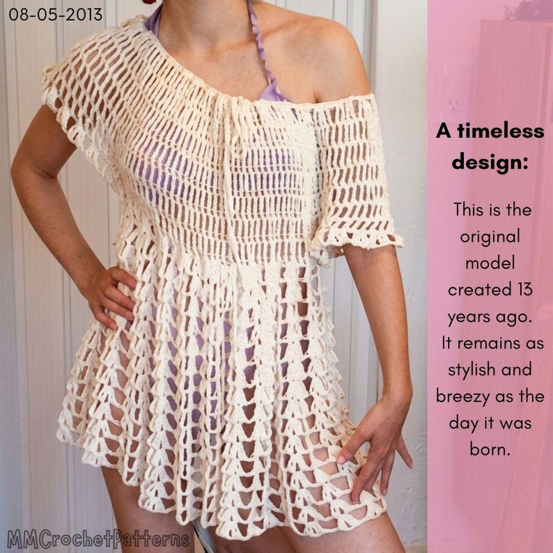 May include: Off-white crochet top with an off-the-shoulder design. The top has a loose, open weave and a flared hem. The text on the image says "A timeless design: This is the original model created 13 years ago. It remains as stylish and breezy as the day it was born."