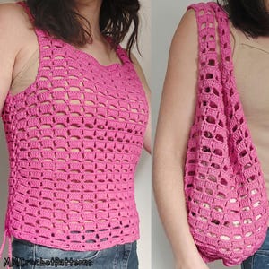 Puede incluir: Un top de ganchillo rosa brillante con un patrón de rejilla abierto repetitivo, tirantes anchos y un detalle de lazo lateral. La prenda no tiene mangas, presenta un escote cuadrado y un dobladillo recto. El texto MMCrochetPatterns es visible.