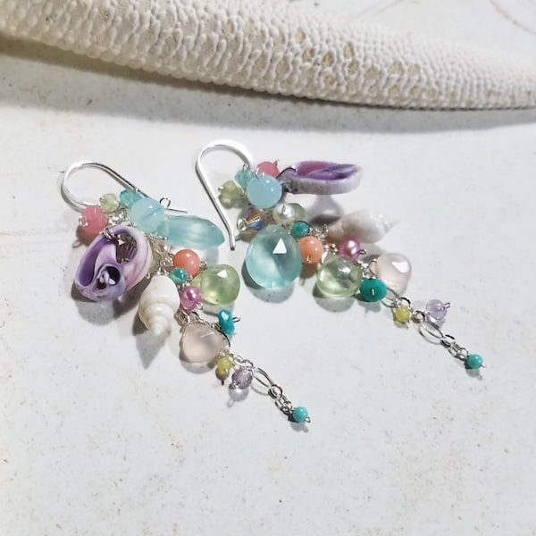 Gemstone Shell Dangle Earrings, Pastel Gemstone Cluster Earrings, Cebu Shell Earrings