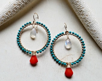 Turquoise Moonstone Hoops, Coral Turquoise Earrings, Bollywood Hoop Earrings - Chabeela