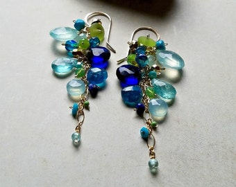 Blue Ocean Dangle Earrings, Aqua Lime Cluster, Cobalt Gemstone Cluster Dangle