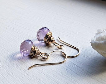 Pink Amethyst Drops, Small Amethyst Hoop Earrings, Pale Amethyst Onion Earrings