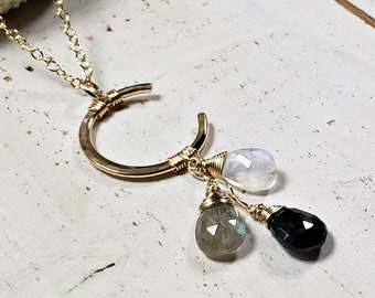 Labradorite Moonstone Moon Necklace, Hammered Moon Necklace, Dark Moon Necklace, Ombre Crescent Moon