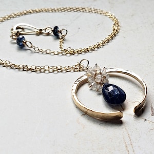 Blue Moon Necklace, Crescent Moonstone Necklace, Kyanite Cluster Necklace, Half Moon Necklace