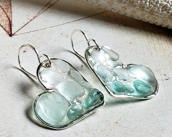 Beach Glass Heart Earrings, Aqua Sea Glass Hearts, Small Resin Heart Earrings