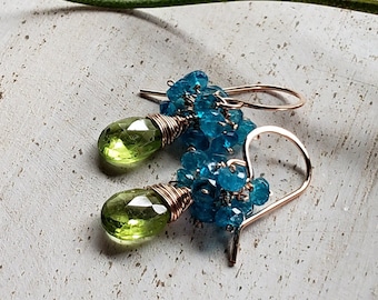 Peridot Dangle Earrings, Blue Green Gemstone Cluster, Teal Apatite Earrings