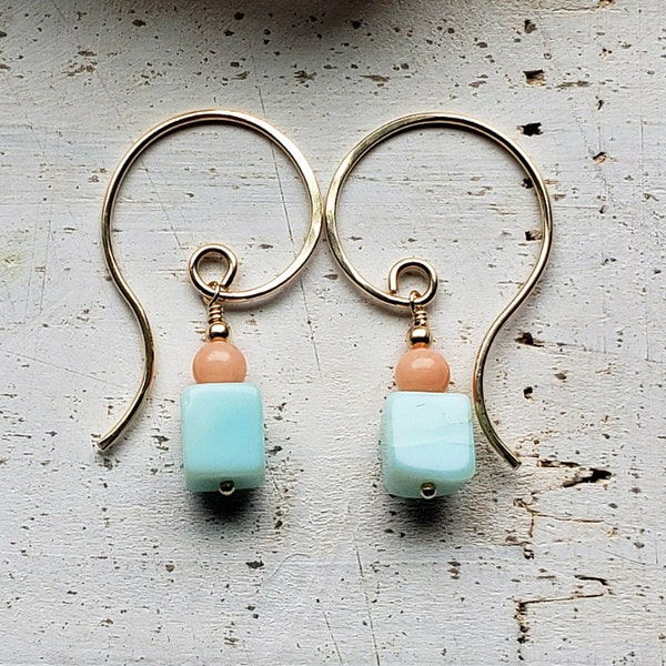 Tiny Opal Threader Hoops, Peruvian Blue Opal Hoop Earrings, Opal Coral Spiral Hoops