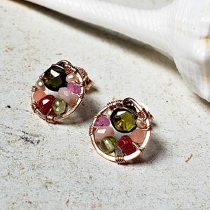 Tourmaline Hoop Studs, Pink Green Gemstone Studs, Wire Tourmaline Stud Earrings