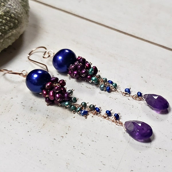 Blue Pearl Cluster Earrings, Purple Pearl Dangle, Amethyst Pearl Cluster Dangle