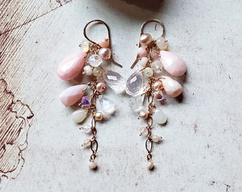 Pink Opal Dangle Earrings, Rose Quartz Cluster Earrings, Ethiopian Opal Cluster Dangle