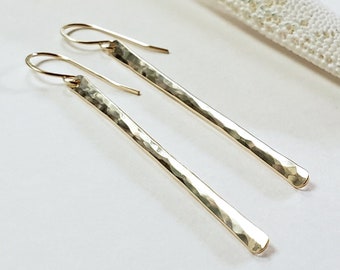 Long Gold Stick Earrings, , Hammered Gold Bars, Minimalist Gold Dangle Earrings