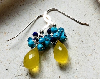 Blue Yellow Gemstone Cluster, Teal Yellow Earrings, Yellow Aqua Cluster Earrings